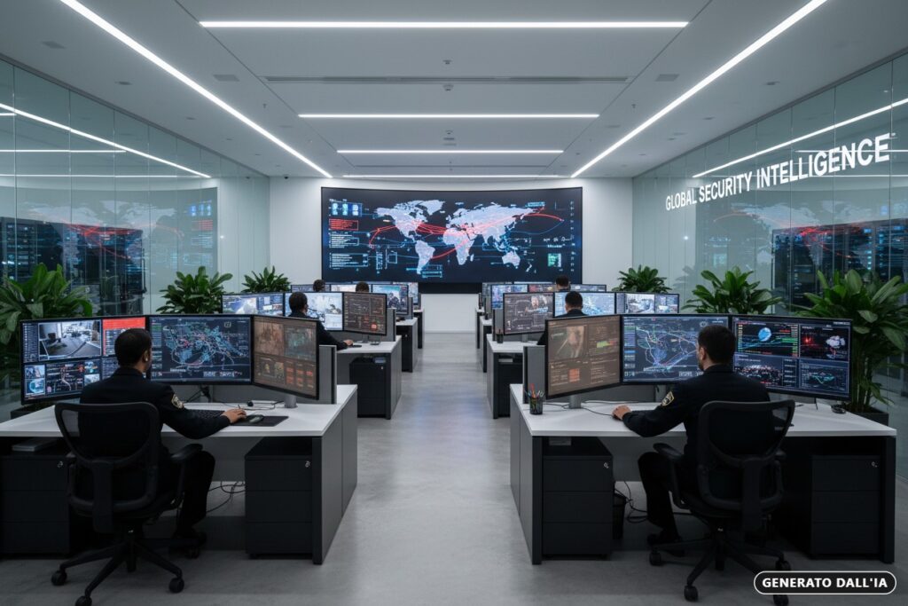 Generato da IA: Operatori di sicurezza lavorano in un centro di controllo moderno con schermi che mostrano dati globali e una mappa del mondo.